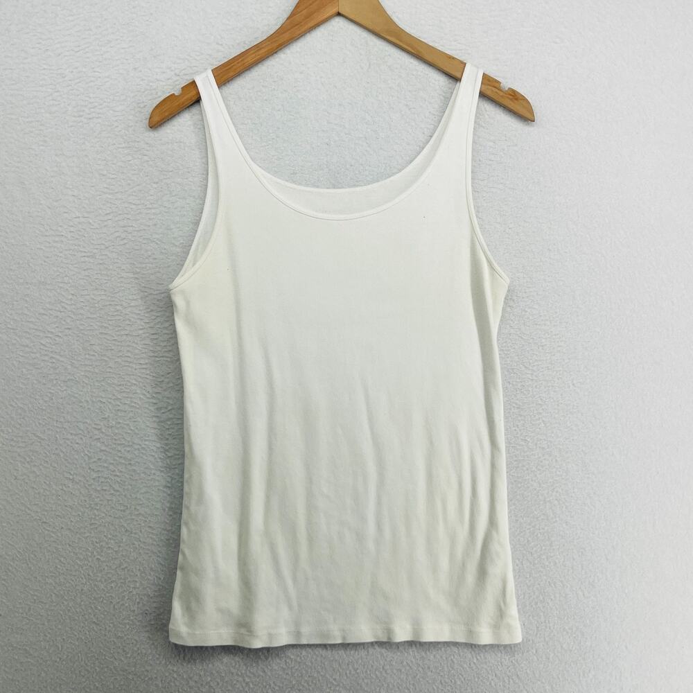 EILEEN FISHER Tank Top L Ribbed Jersey Organic Cotton Cami Scoop Neck Off White